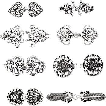 Nbeads 8 Sets Heart & Geometry Alloy Hook Button, Shawls and Capes Buckle, for Garment Accessories, Antique Silver, 1 sets/style