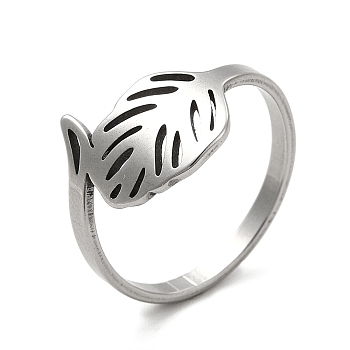 201 Stainless Steel Finger Rings, Hollow Out Leaf Wide Band Rings for Women, Stainless Steel Color, US Size 7 1/4(17.5mm), Leaf: 13x13mm