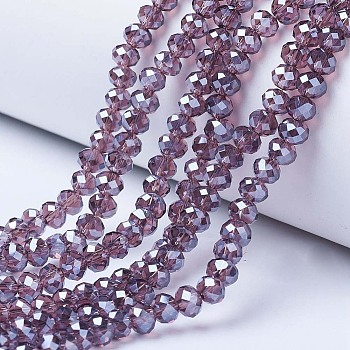 Electroplate Glass Beads Strands, Pearl Luster Plated, Faceted, Rondelle, Old Rose, 8x6mm, Hole: 1mm, about 63~65pcs/strand, 39~40cm