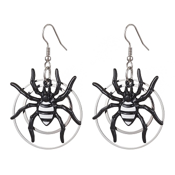 Alloy Enamel with Brass Dangle Earrings, Spider & Ring Long Drop Earrings, Platinum, 60x35mm