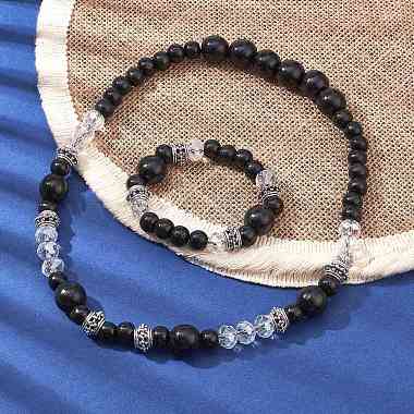 Ожерелья и эластичный браслет из натурального дерева и стеклянных бусин(SJEW-JS01286)-2