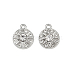 Alloy Rhinestone Pendants, Flat Round with Sun, Rack Plating, Cadmium Free & Lead Free, Platinum, 15x12x3.5mm, Hole: 1.6mm(PALLOY-P311-03P)
