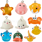 20Pcs 10 Styles Ocean Theme Resin Pendants, Sea Animal Charm, with Platinum Tone Iron Loops, Mixed Color, 15~26x15~24x9~25mm, Hole: 1.8~2mm, 2pcs/style(RESI-SC0006-39)