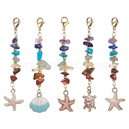 Starfish/Shell/Turtle Alloy Enamel Charms & 7 Chakra Gemstone Chips Beaded Pendant Decoration, with 304 Stainless Steel Lobster Claw Clasps, 80~87mm(HJEW-JM01205)