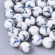Christmas Opaque Glass Beads, Round with Electroplate Elk Christmas Reindeer/Stag Pattern, Blue Plated, 10mm, Hole: 1.2mm(X-EGLA-R113-03F)