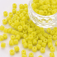 Opaque Glass Bugle Beads, Round Hole, Yellow, 4x5mm, Hole: 1.6mm, about 2250pcs/bag(SEED-S050-A-001)