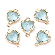 K9 Glass Connector Charms, Heart Links with Golden Tone Brass Findings, Aquamarine, 14x10x4.5mm, Hole: 1.2mm(FIND-C036-08G-04)