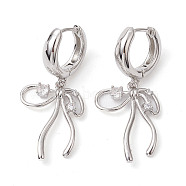 Bowknot Brass Dangle Hoop Earrings, with Clear Cubic Zirconia, Long-Lasting Plated, Lead Free & Cadmium Free, Platinum, 38.5x17.5mm(EJEW-M245-09P)