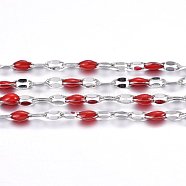 304 Stainless Steel Link Chains, with Spool, with Enamel, Soldered, Stainless Steel Color, Red, 4~10x2x0.4~2mm, about 32.8 Feet(10m)/roll(CHS-F002-B09)