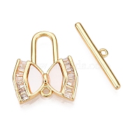 Brass Micro Pave Clear Cubic Zirconia Toggle Clasps, with Shell, Bowknot, Real 18K Gold Plated, 17.5x15x3mm, Hole: 1.2mm, Bar: 3.5x19x1.5mm, Hole: 1mm(KK-N254-162G)