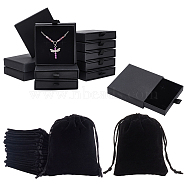 12Pcs Rectangle Velvet Jewelry Drawstring Pouches, with 12Pcs Paper Drawer Boxes, Black, Bag: 10x8x0.4cm(DIY-NB0008-85)