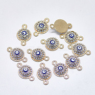 Alloy Links, with Crystal Rhinestone and Blue Enamel, Flat Round with Evil Eye, Light Gold, 17x10.5x3.5mm, Hole: 1.6mm(ENAM-S117-14B)