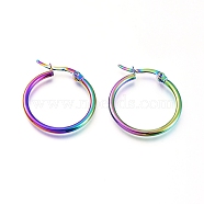 201 Stainless Steel Hoop Earrings, with 304 Stainless Steel Pin, Hypoallergenic Earrings, Ring Shape, Rainbow Color, 25x2mm, 12 Gauge, Pin: 0.7x1mm(EJEW-A052-20J-M)