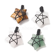 Natural Mixed Gemstone Cord Braided Pendants, Star Charms, Mixed Color, 38x31x10mm, Hole: 7x3mm(PALLOY-JF02033)