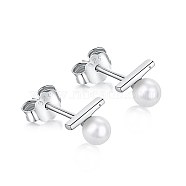 Rhodium Plated 925 Sterling Silver Pearl Stud Earrings for Women, with S925 Stamp, Round & Bar, Real Platinum Plated, 6.2x5.2mm(EJEW-P231-80P)