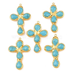 Dyed Synthetic Turquoise Big Pendants, with Brass Findings, Cross Charms, Golden, 52~54x34~35.5x7.5~8.5mm, Hole: 1.8mm(KK-H516-20G)