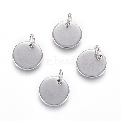 Non-Tarnish 304 Stainless Steel Charms, with Jump Rings, Blank Stamping Tag, Flat Round, Stainless Steel Color, 10x1mm, Hole: 3.5mm(EJEW-L238-03C-P)