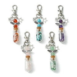 Glass Wishing Bottle with Synthetic & Natural Bead Chip inside Pendant Decorations, Star & Heart Tibetan Style Alloy and Swivel Lobster Claw Clasps Charm, 86mm, Pendants: 58x21.5x13mm, 5pcs/set(HJEW-JM01741)