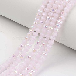 Electroplate Glass Beads Strands, Imitation Jade Beads, Half Plated, Rainbow Plated, Faceted, Rondelle, Pink, 6x5mm, Hole: 1mm, about 83~85pcs/strand, 38~39cm(EGLA-A034-J6mm-L05)