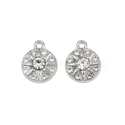 Alloy Rhinestone Pendants, Flat Round with Sun, Rack Plating, Cadmium Free & Lead Free, Platinum, 15x12x3.5mm, Hole: 1.6mm(PALLOY-P311-03P)