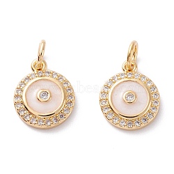 Brass Micro Pave Clear Cubic Zirconia Charms, with Enamel & Jump Ring, Long-Lasting Plated, Real 18K Gold Plated, Flat Round, Creamy White, 12x10x2.5mm, Hole: 3.6mm(ZIRC-A019-08G)