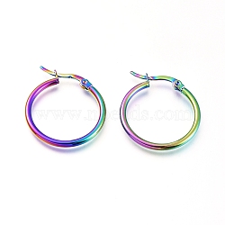 201 Stainless Steel Hoop Earrings, with 304 Stainless Steel Pin, Hypoallergenic Earrings, Ring Shape, Rainbow Color, 25x2mm, 12 Gauge, Pin: 0.7x1mm(EJEW-A052-20J-M)