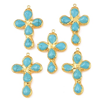 Dyed Synthetic Turquoise Big Pendants, with Brass Findings, Cross Charms, Golden, 52~54x34~35.5x7.5~8.5mm, Hole: 1.8mm