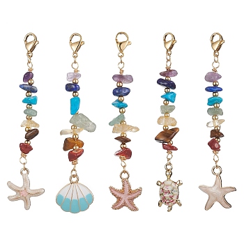 Starfish/Shell/Turtle Alloy Enamel Charms & 7 Chakra Gemstone Chips Beaded Pendant Decoration, with 304 Stainless Steel Lobster Claw Clasps, 80~87mm