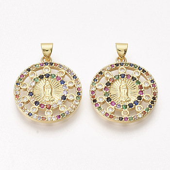 Brass Micro Pave Cubic Zirconia Pendants, Flat Round with Virgin Mary, Colorful, Golden, 22.5x20x2.5mm, Hole: 3x4mm