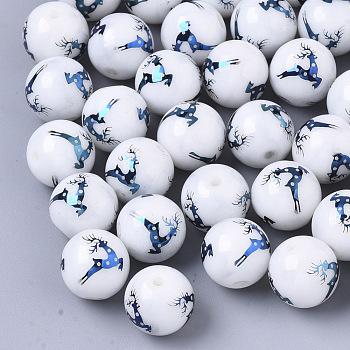 Christmas Opaque Glass Beads, Round with Electroplate Elk Christmas Reindeer/Stag Pattern, Blue Plated, 10mm, Hole: 1.2mm