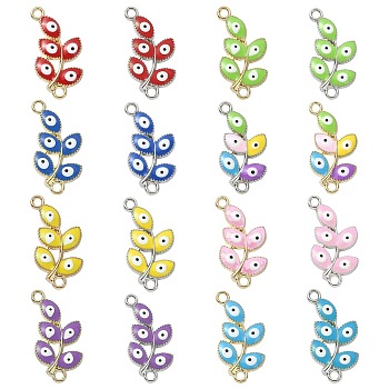 10Pcs Evil Eye Alloy Enamel Connector Charms, Leaf Links, Mixed Color, Platinum & Golden, 25x12x2mm, Hole: 1.8mm