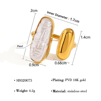 304 Stainless Steel with Plastic Pearl Cuff Open Rings, Golden, Oval, 17mm