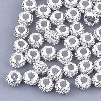 Polymer Clay Rhinestones European Beads, Large Hole Beads, with Platinum Tone Brass Single Cores, Rondelle, Crystal, 11x8mm, Hole: 4.5mm