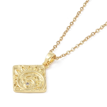 201 Stainless Steel Cable Chain Necklaces, Brass Micro Pave Clear Cubic Zirconia Pendant Necklaces, Real 18K Gold Plated, Sun, Rhombus, 16.06 inch(40.8cm)