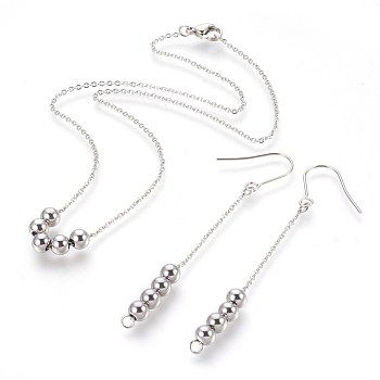 304 Stainless Steel Pendant Necklaces and Dangle Earrings Jewelry Sets, with Lobster Claw Clasps, Round, Stainless Steel Color, 16.25 inch(41.3cm), 80mm, Pin: 0.7mm