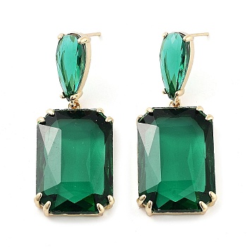 Glass Rectangle Dangle Stud Earrings, Light Gold Brass Earrings, Green, 47.5x18.5mm