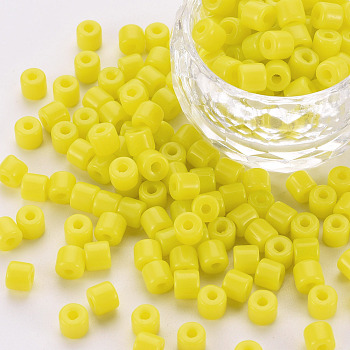 Opaque Glass Bugle Beads, Round Hole, Yellow, 4x5mm, Hole: 1.6mm, about 2250pcs/bag