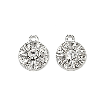 Alloy Rhinestone Pendants, Flat Round with Sun, Rack Plating, Cadmium Free & Lead Free, Platinum, 15x12x3.5mm, Hole: 1.6mm
