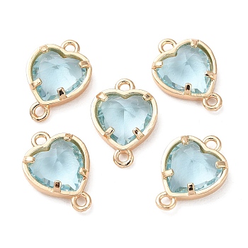 K9 Glass Connector Charms, Heart Links with Golden Tone Brass Findings, Aquamarine, 14x10x4.5mm, Hole: 1.2mm