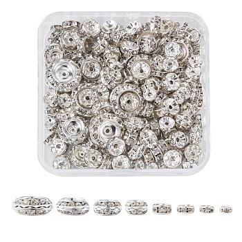 Brass Rhinestone Spacer Beads, Grade A, Straight Flange, Silver Color Plated, Rondelle, Crystal, 7.4x7.2x1.7cm, 220pcs/box