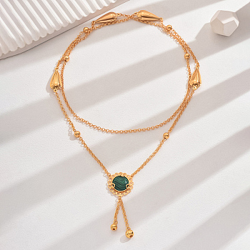 Vintage Classic Elegant Brass Pave Synthetic Malachite Fashion European Flower Lariat Necklaces, Real 18K Gold Plated, 46.46 inch(118cm)