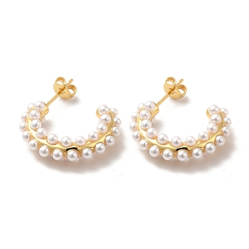 ABS Pearl Beaded C-shape Stud Earrings, Real 18K Gold Plated Brass Half Hoop Earrings for Women, White, 22.5x25x6mm, Pin: 0.6mm
