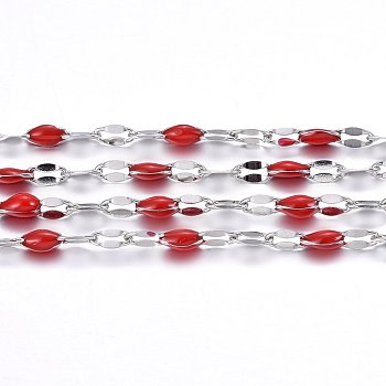 304 Stainless Steel Link Chains, with Spool, with Enamel, Soldered, Stainless Steel Color, Red, 4~10x2x0.4~2mm, about 32.8 Feet(10m)/roll