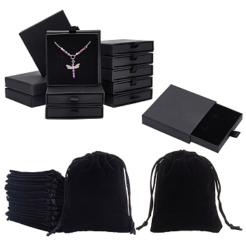 12Pcs Rectangle Velvet Jewelry Drawstring Pouches, with 12Pcs Paper Drawer Boxes, Black, Bag: 10x8x0.4cm