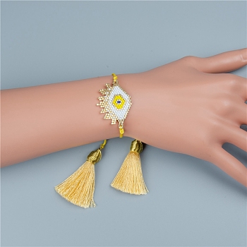 Glass Seed Braided Bead Bracelet with Double Tassel, Evil Eye Protection Lucky Bracelet for Women, Yellow, 11 inch(28cm)
