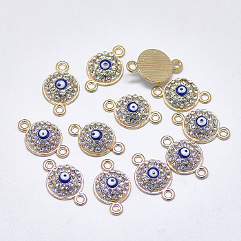 Alloy Links, with Crystal Rhinestone and Blue Enamel, Flat Round with Evil Eye, Light Gold, 17x10.5x3.5mm, Hole: 1.6mm