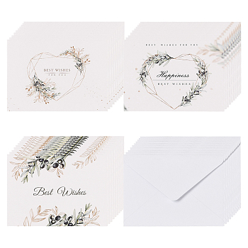CRASPIRE 30Pcs 3 Style Rectangle Paper Cards, with Word Best Wishes & Leaf Pattern, 30Pcs Paper Envelopes, Mixed Color, 140x93x0.4mm, 10pcs/style