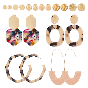 20Pcs 10 Style Acrylic Dangle Stud Earrings, Alloy Earrings Post, Half Hoop Earrings for Women, Hexagon & Oval & Round, Mixed Color, 8~70x6~49mm, 2Pcs/style