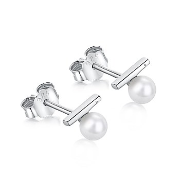Rhodium Plated 925 Sterling Silver Pearl Stud Earrings for Women, with S925 Stamp, Round & Bar, Real Platinum Plated, 6.2x5.2mm
