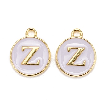 Golden Plated Alloy Charms, Cadmium Free & Lead Free, with Enamel, Enamelled Sequins, Flat Round with Letter, White, Letter.Z, 14x12x2mm, Hole: 1.5mm